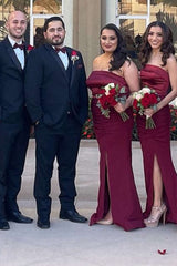 Burgundy Satin Strapless Long Bridesmaid Dress with Slit