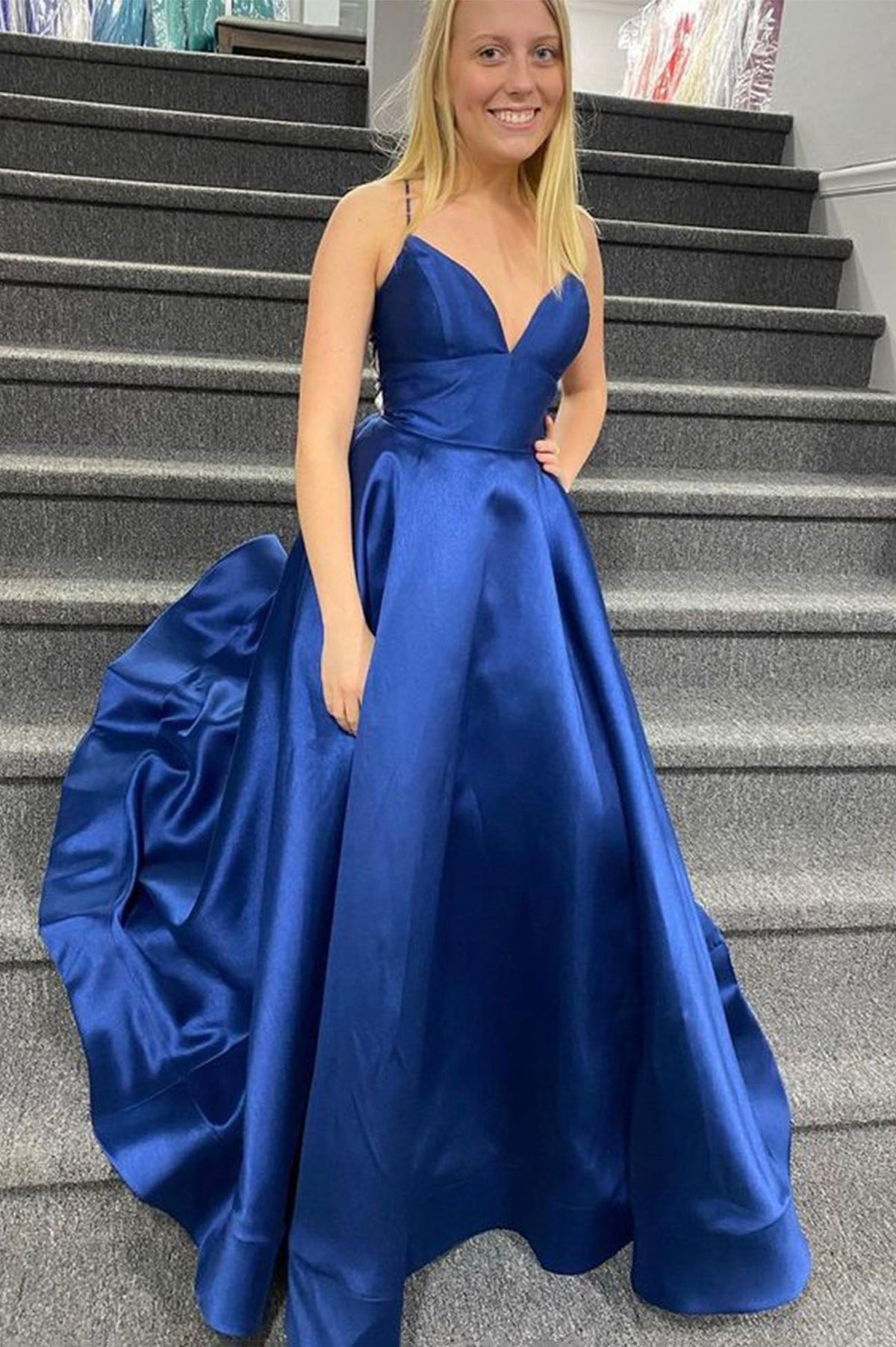 Blue Satin Long A-Line Prom Dress, Simple V-Neck Evening Dress