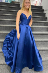Blue Satin Long A-Line Prom Dress, Simple V-Neck Evening Dress