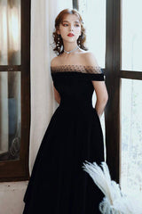 Cute Velvet A-Line Tea Length Prom Dresses, Black Party Dresses