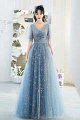 Blue V-Neck Tulle Long A-Line Prom Dress, Blue Evening Graduation Dress