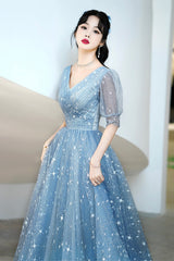 Blue V-Neck Tulle Long A-Line Prom Dress, Blue Evening Graduation Dress