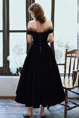 Cute Velvet A-Line Tea Length Prom Dresses, Black Party Dresses