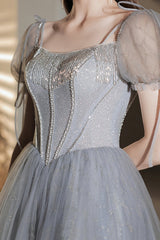 Gray Tulle Sequins Short Prom Dress, A-Line Short Sleeve Homecoming Party Dress