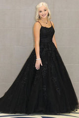 Spaghtti Straps Lace Appliques Yellow Long Prom Dress with Lace-Up Back