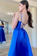 Blue Satin Long A-Line Prom Dress, Spaghetti Straps Evening Dress with Slit