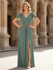 Pleated V-neck Chiffon Long Slit Dress With Rhinestone Eucalyptus