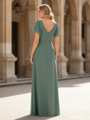 Pleated V-neck Chiffon Long Slit Dress With Rhinestone Eucalyptus