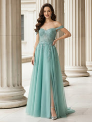 Off-The-Shoulder Applique A-Line Tulle Dress With Slit Turquoise
