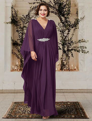 A-Line Mother of the Bride Dress Plus Size Elegant V Neck Floor Length Chiffon Long Sleeve with Pleats Crystals