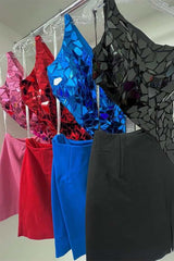 One-Shoulder Red Cut Glass Mirror Cutout Mini Cocktail Dress