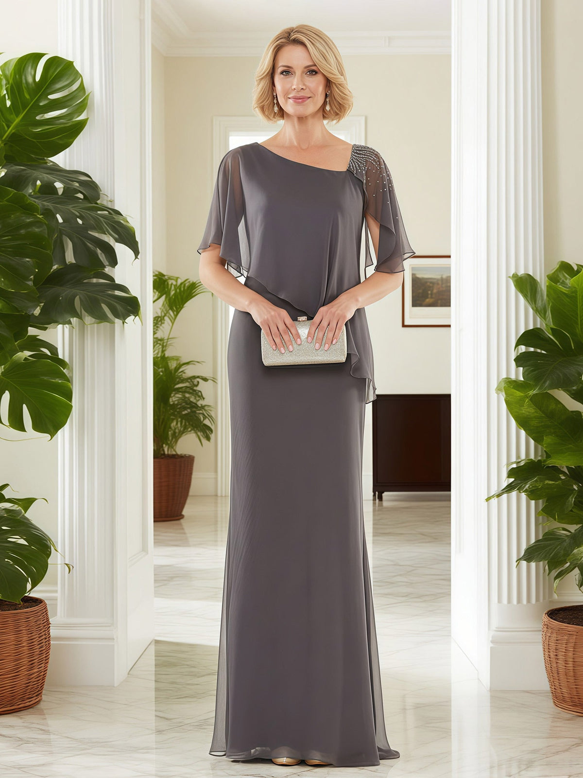 Elegant Waterfall Ruffle Shoulder Attire Steel Grey