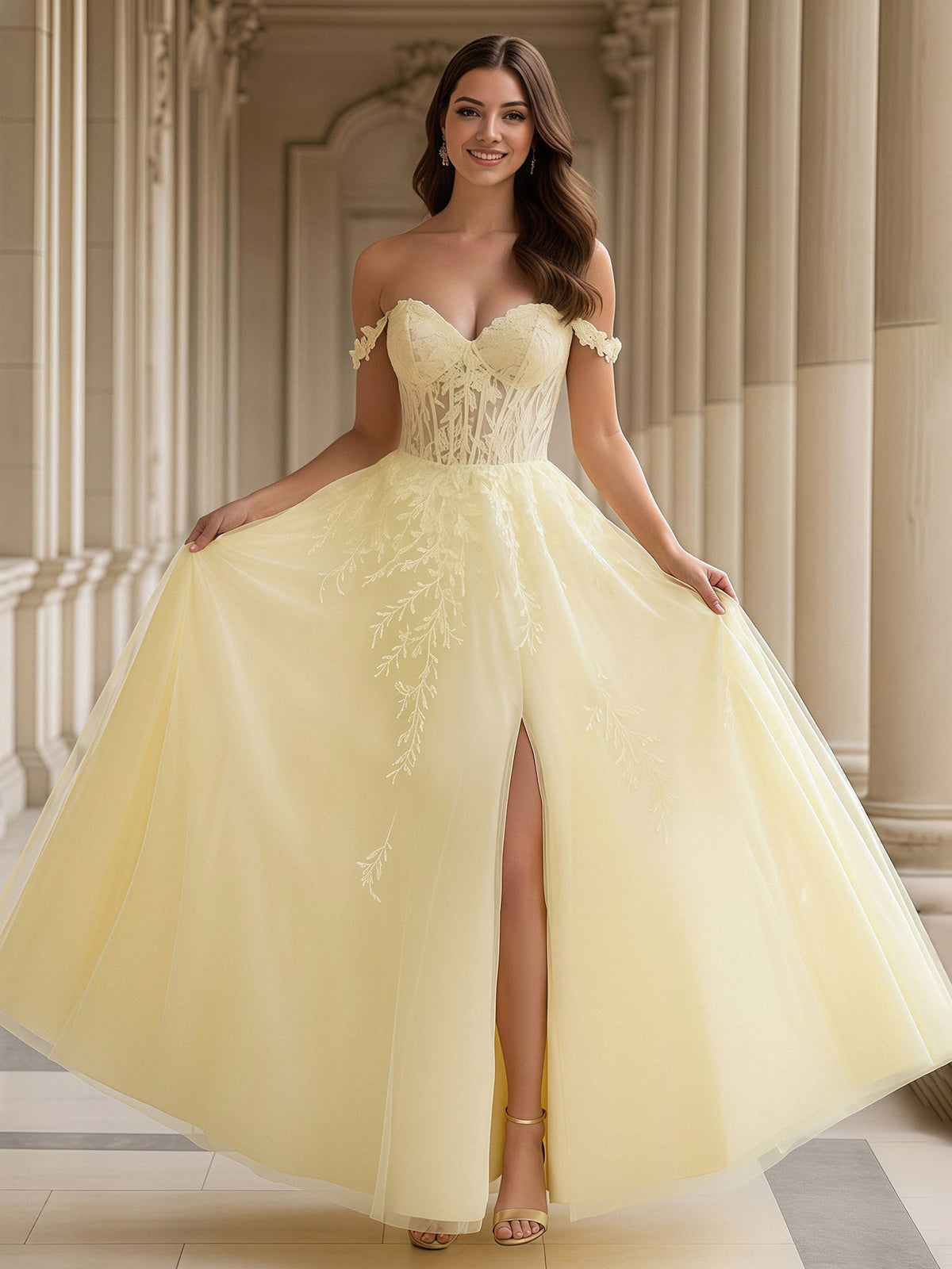 Off-The-Shoulder Applique A-Line Tulle Long Dress Daffodil