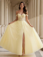 Off-The-Shoulder Applique A-Line Tulle Long Dress Daffodil