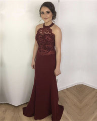 Lace Halter Backless Satin Floor Length Prom Dresses