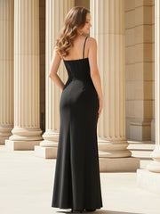 Spaghetti Straps Pleated Sheath Gown With Slit Black