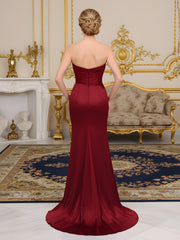 Pleated Sweetheart Corset Applique Dress With Slit Burgundy
