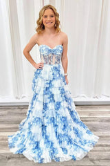Sweetheart Blue Floral Print Long Tiered Prom Dress