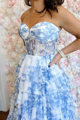 Sweetheart Blue Floral Print Long Tiered Prom Dress