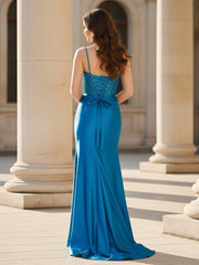 Sequins Sweetheart Neck Bodycon Dress With Slit Ocean Blue