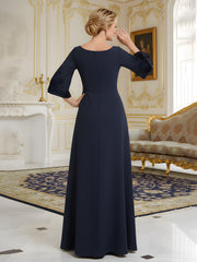 Beaded 3/4 Sleeves A-Line Long Dress With Pockets Dark Navy