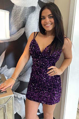 Red Sequin V-Neck Backless Cocktail Dress