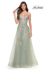 La Femme Open-Back Long Ball Gown with Lace