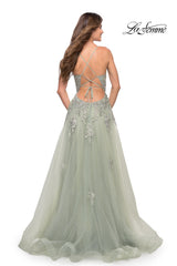 La Femme Open-Back Long Ball Gown with Lace