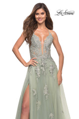 La Femme Open-Back Long Ball Gown with Lace