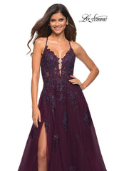 La Femme Open-Back Long Ball Gown with Lace