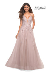 La Femme Open-Back Long Ball Gown with Lace