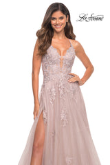 La Femme Open-Back Long Ball Gown with Lace