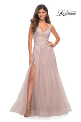 La Femme Open-Back Long Ball Gown with Lace