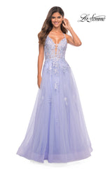 La Femme Open-Back Long Ball Gown with Lace
