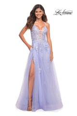 La Femme Open-Back Long Ball Gown with Lace