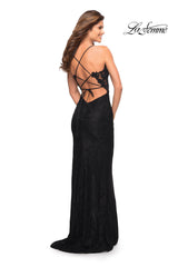 La Femme Open-Back Stretch Lace Long Prom Dress