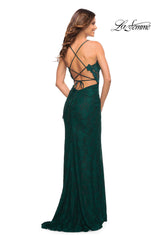 La Femme Open-Back Stretch Lace Long Prom Dress
