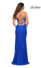La Femme Open-Back Stretch Lace Long Prom Dress