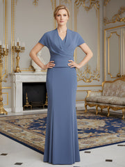 Pleated Short Sleeves Bodycon Long Dress Slate Blue
