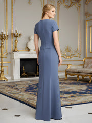 Pleated Short Sleeves Bodycon Long Dress Slate Blue