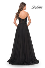 La Femme Long A-Line Prom Dress with Sheer Bodice