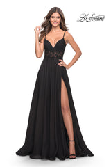 La Femme Long A-Line Prom Dress with Sheer Bodice