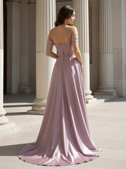 A-Line Off-Shoulder Satin Gown With Sweep Train Vintage Mauve