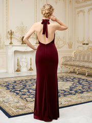 Pleated Halter Neck Cutout Sheath Velvet Dress Burgundy