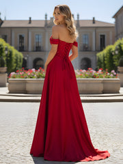 A-Line Off-Shoulder Satin Gown With Sweep Train Red