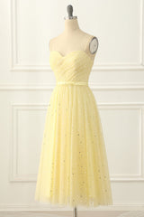 Yellow Tulle Spaghetti Straps Midi Sparkly Prom Dress Short