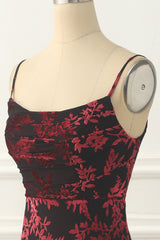 Burgundy Sheath Floral Burnout Velvet Prom Dress Long