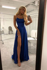 Sexy Royal Blue Satin Prom Dress Long with High Slit