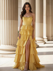 A-Line Sleeveless Strapless Gown With Ruffle Marigold