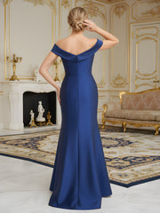 Off-the-shoulder Pleated Mermaid Sweep Train Gown Navy Blue